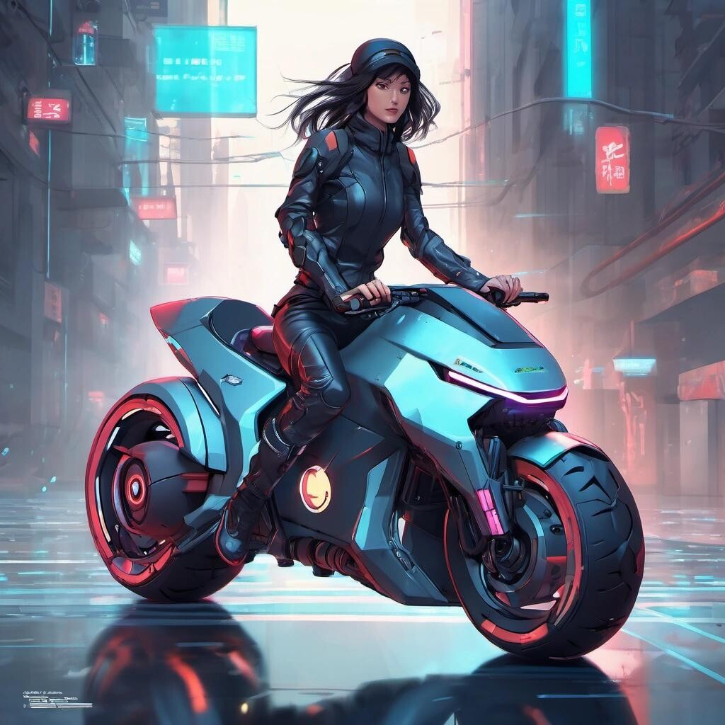 Image with seed 2032536837 generated via Stable Diffusion through @stablehorde@sigmoid.social. Prompt: futuristic Cyberpunk Motorcycle, science fiction, sleek light and fast electric motorbike, female biker, anime style, Akira