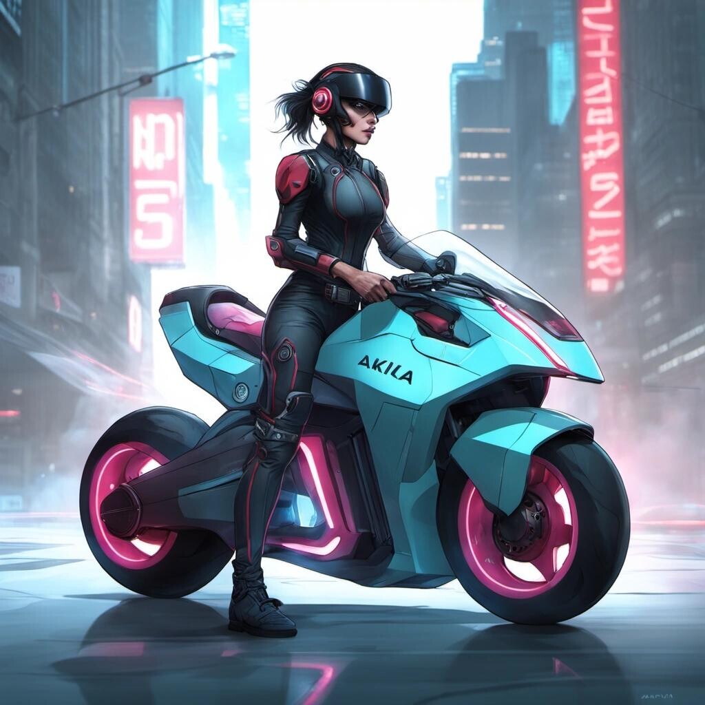 Image with seed 2032536837 generated via Stable Diffusion through @stablehorde@sigmoid.social. Prompt: futuristic Cyberpunk Motorcycle, science fiction, sleek light and fast electric motorbike, female biker, anime style, Akira