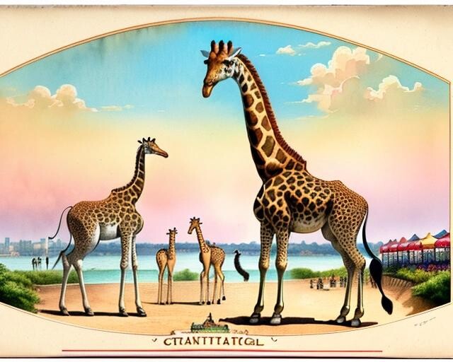 Image with seed 1105595788 generated via Stable Diffusion through @stablehorde@sigmoid.social. Prompt: vintage tourism postcard, portraying (giant:0.99) giraffes with three legs dancing on hyenas heads  in random pose and enjoying fun outdoor activities, at urban amusement park, in the year 1900. (closeup shot), detailed, watercolor and sharp pencil, printed on weathered paper with thin border. (ice cream, fried foods, beachside, Coney Island:0.9)###out of frame, cut off, ugly, blurry, deformed hands, deformed face, poorly drawn face, disfigured, low quality, mutilated, mangled, winter, far away,