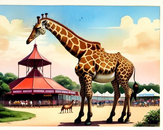 Image with seed 3465451031 generated via Stable Diffusion through @stablehorde@sigmoid.social. Prompt: vintage tourism postcard, portraying (giant:0.99) giraffes with three legs dancing on hyenas heads  in random pose and enjoying fun outdoor activities, at urban amusement park, in the year 1900. (closeup shot), detailed, watercolor and sharp pencil, printed on weathered paper with thin border. (ice cream, fried foods, beachside, Coney Island:0.9)###out of frame, cut off, ugly, blurry, deformed hands, deformed face, poorly drawn face, disfigured, low quality, mutilated, mangled, winter, far away,