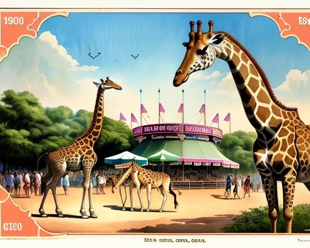 Image with seed 2492626400 generated via Stable Diffusion through @stablehorde@sigmoid.social. Prompt: vintage tourism postcard, portraying (giant:0.99) giraffes with three legs dancing on hyenas heads  in random pose and enjoying fun outdoor activities, at urban amusement park, in the year 1900. (closeup shot), detailed, watercolor and sharp pencil, printed on weathered paper with thin border. (ice cream, fried foods, beachside, Coney Island:0.9)###out of frame, cut off, ugly, blurry, deformed hands, deformed face, poorly drawn face, disfigured, low quality, mutilated, mangled, winter, far away,