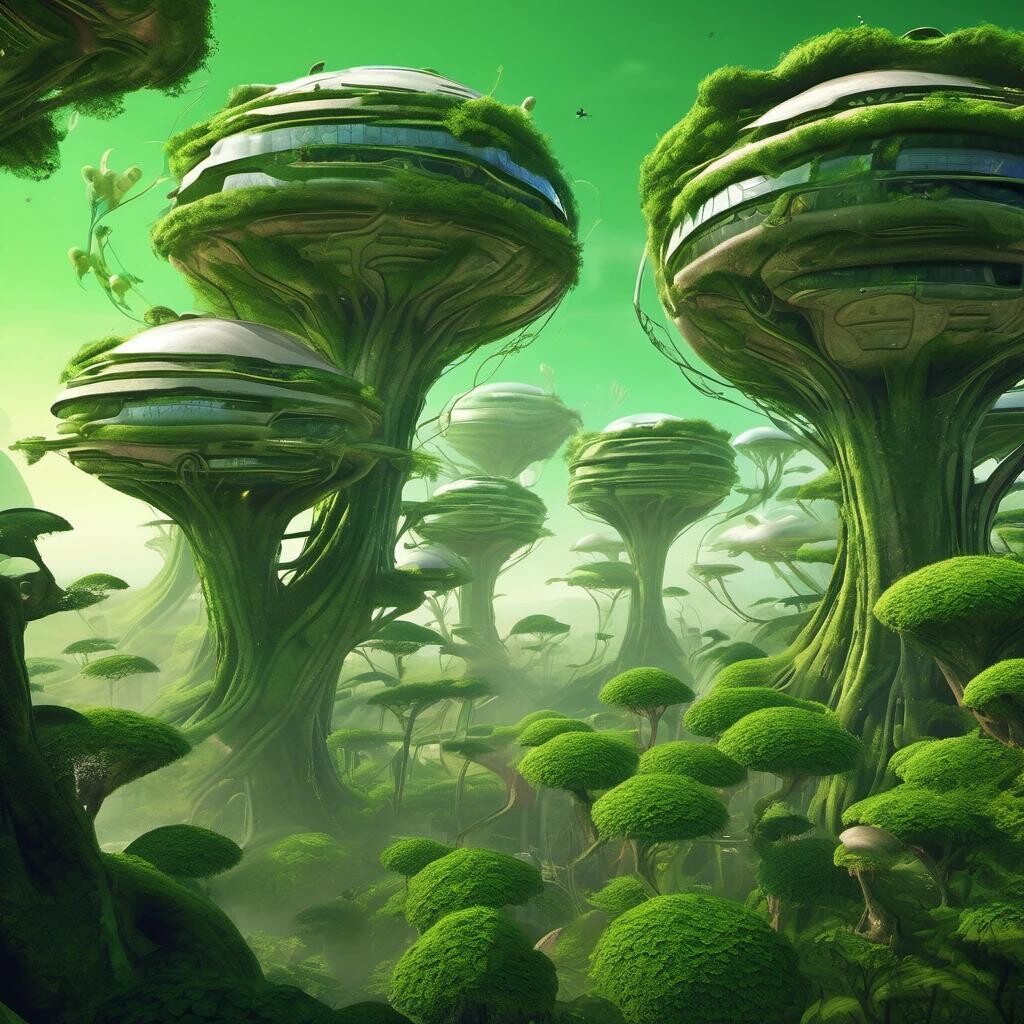 Image with seed 3822920678 generated via Stable Diffusion through @stablehorde@sigmoid.social. Prompt: Planet of the Space Elves, a city of lush green biomorphic treehouses, fantasy, science fiction, scifi, far future, alien planet, lush vegetation, alien lifeforms, whimsical, fairy world