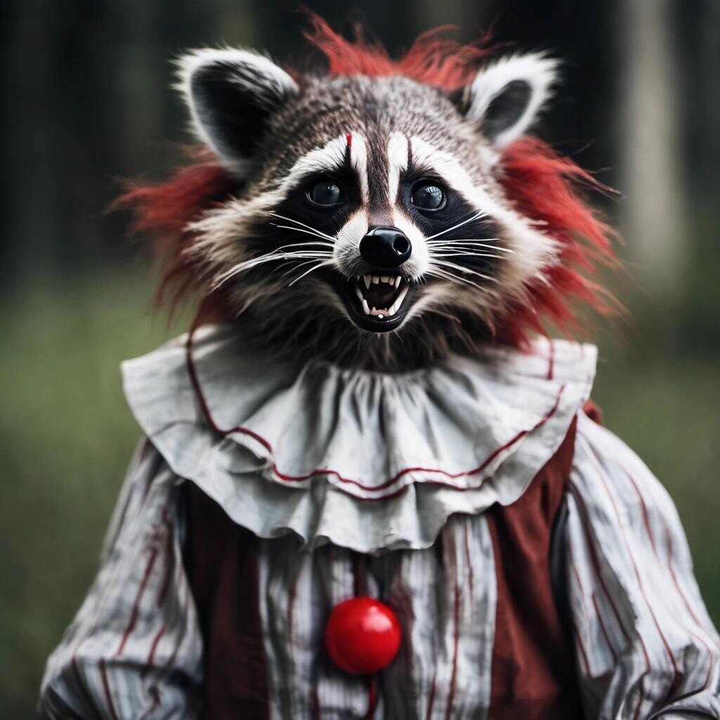 Image with seed 1332609336 generated via Stable Diffusion through @stablehorde@sigmoid.social. Prompt: a raccoon dressed as pennywise the clown