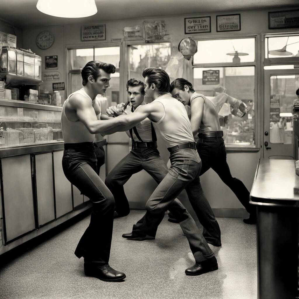 Image with seed 1290936489 generated via Stable Diffusion through @stablehorde@sigmoid.social. Prompt: greasers fighting inside the soda shop, found vintage amateur photo