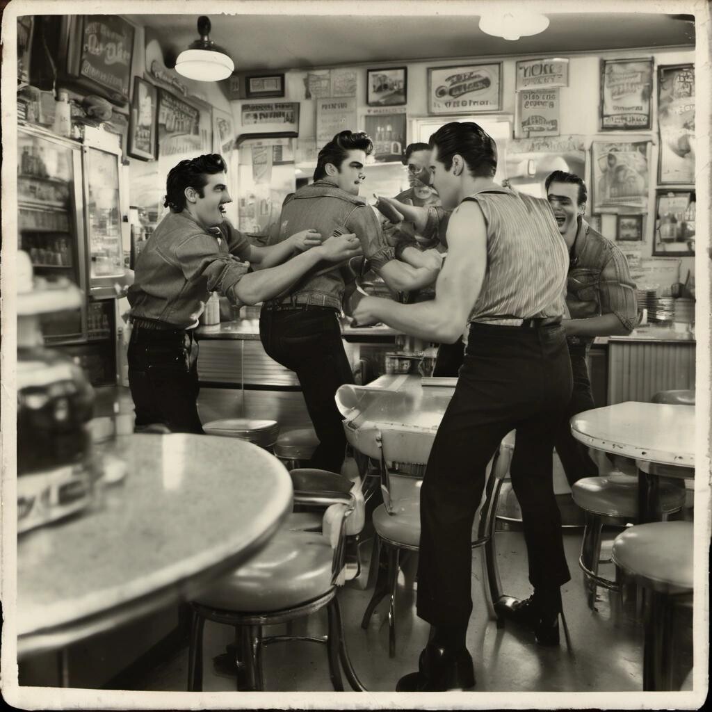 featured greasers fighting inside the soda shop, found vintage amateur