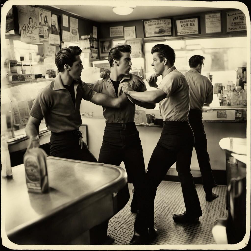 Image with seed 863751563 generated via Stable Diffusion through @stablehorde@sigmoid.social. Prompt: greasers fighting inside the soda shop, found vintage amateur photo