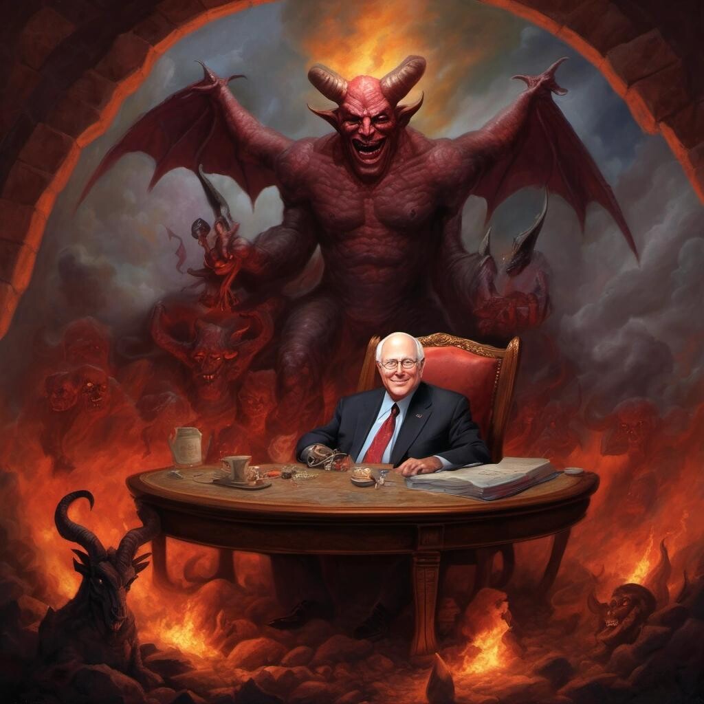 Image with seed 3736699688 generated via Stable Diffusion through @stablehorde@sigmoid.social. Prompt: Dick Cheney sitting at a table with Satan in Hell in the style of Thomas Kinkade.