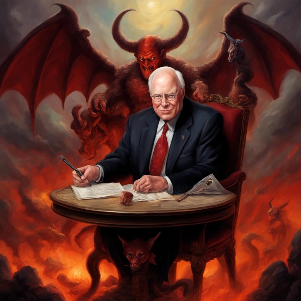 Image with seed 3736699688 generated via Stable Diffusion through @stablehorde@sigmoid.social. Prompt: Dick Cheney sitting at a table with Satan in Hell in the style of Thomas Kinkade.