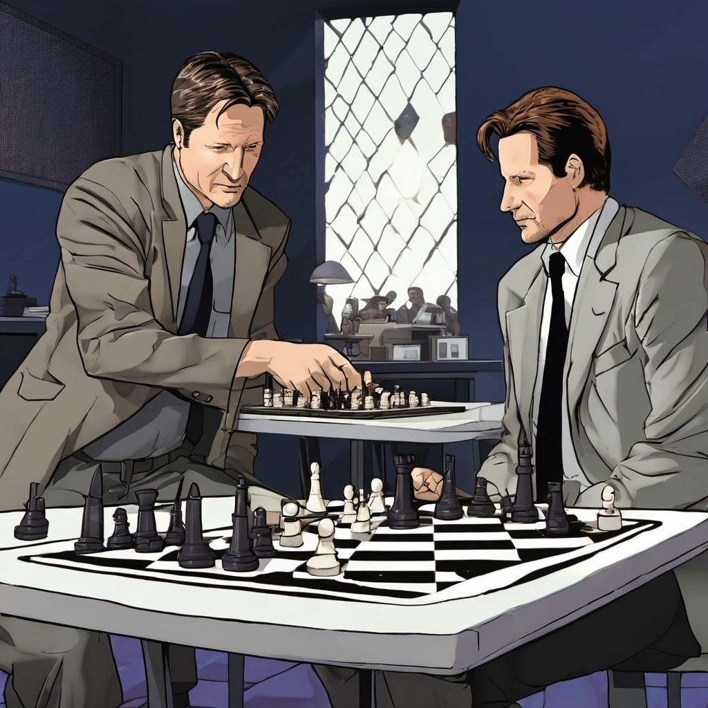 Image with seed 3472134638 generated via Stable Diffusion through @stablehorde@sigmoid.social. Prompt: hawkeye pierce and agent mulder playing a game of chess on a goban