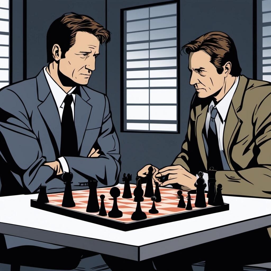 Image with seed 3472134638 generated via Stable Diffusion through @stablehorde@sigmoid.social. Prompt: hawkeye pierce and agent mulder playing a game of chess on a goban