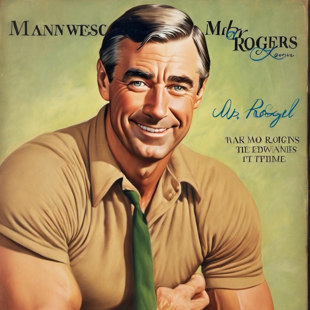 Image with seed 3149669283 generated via Stable Diffusion through @stablehorde@sigmoid.social. Prompt: Mr. Rogers as a muscular hero on the cover of a romance novel