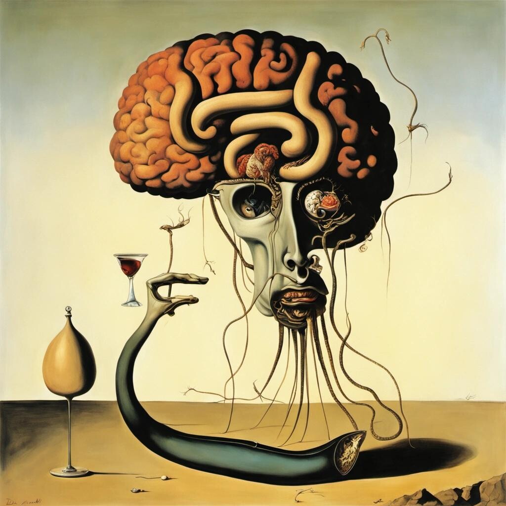 Image with seed 216856528 generated via Stable Diffusion through @stablehorde@sigmoid.social. Prompt: worm having brain for dinner Salvadore Dali
