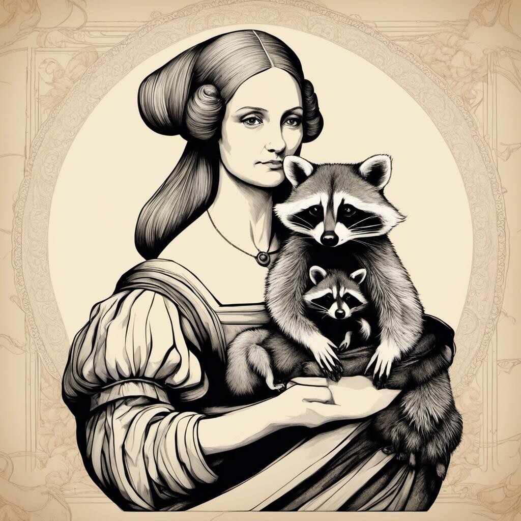 Image with seed 1931491822 generated via Stable Diffusion through @stablehorde@sigmoid.social. Prompt: Lady with a Raccoon in the style of Leonardo di Vinci