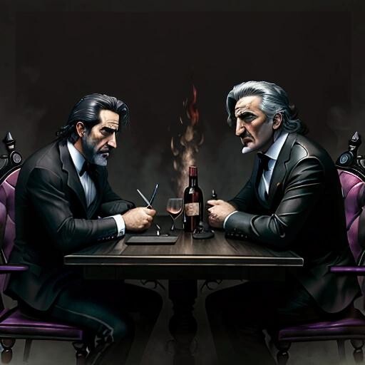 Image with seed 378867390 generated via Stable Diffusion through @stablehorde@sigmoid.social. Prompt: Al Pacino, Robert De Niro, and Richard Lewis sitting at the same table, gothicpunkai###, worst quality, low quality:1.4), EasyNegative, bad anatomy, bad hands, cropped, missing fingers, missing toes, too many toes, too many fingers, missing arms, long neck, Humpbacked, deformed, disfigured, poorly drawn face, distorted face, mutation, mutated, extra limb, ugly, poorly drawn hands, missing limb, floating limbs, disconnected limbs, malformed hands, out of focus, long body, monochrome, symbol, text, logo, door frame, window frame, mirror frame