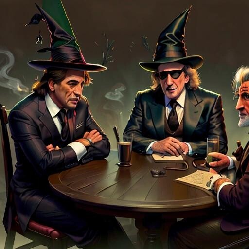 Image with seed 2857255047 generated via Stable Diffusion through @stablehorde@sigmoid.social. Prompt: Al Pacino, Robert De Niro, and Richard Lewis sitting at the same table, WitchcraftPunkAI###, worst quality, low quality:1.4), EasyNegative, bad anatomy, bad hands, cropped, missing fingers, missing toes, too many toes, too many fingers, missing arms, long neck, Humpbacked, deformed, disfigured, poorly drawn face, distorted face, mutation, mutated, extra limb, ugly, poorly drawn hands, missing limb, floating limbs, disconnected limbs, malformed hands, out of focus, long body, monochrome, symbol, text, logo, door frame, window frame, mirror frame