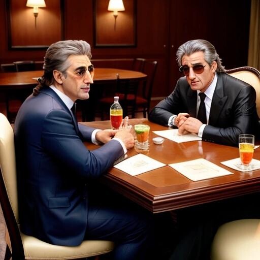 Image with seed 207525802 generated via Stable Diffusion through @stablehorde@sigmoid.social. Prompt: Al Pacino, Robert De Niro, and Richard Lewis sitting at the same table, alchemypunkai###, worst quality, low quality:1.4), EasyNegative, bad anatomy, bad hands, cropped, missing fingers, missing toes, too many toes, too many fingers, missing arms, long neck, Humpbacked, deformed, disfigured, poorly drawn face, distorted face, mutation, mutated, extra limb, ugly, poorly drawn hands, missing limb, floating limbs, disconnected limbs, malformed hands, out of focus, long body, monochrome, symbol, text, logo, door frame, window frame, mirror frame
