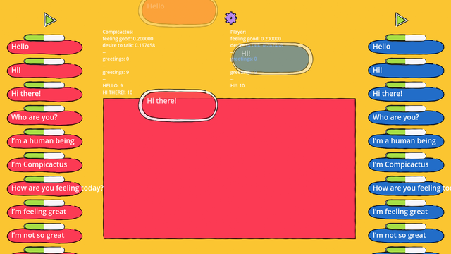 List of sentences to the right and to the left: Hello, Hi, Who are you?, I'm feeling great, and so on.

In the center text bubbles:
Right: Hello
Left: Hi!
Right: Hi there!

On the background some statistics:
Compicactus: feeling good: 0.2, desire to talk: 0.16
Player: feeling good: 0.2, desire to talk: 0.2