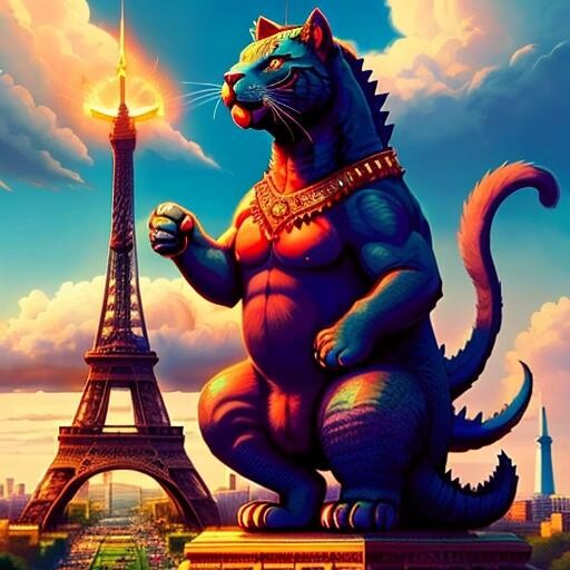 Image with seed 2451755832 generated via Stable Diffusion through @stablehorde@sigmoid.social. Prompt: a godzilla sized gigantic cat climbing on the eiffel tower being very dramatic, MahabharataPunkAI###, worst quality, low quality:1.4), EasyNegative, bad anatomy, bad hands, cropped, missing fingers, missing toes, too many toes, too many fingers, missing arms, long neck, Humpbacked, deformed, disfigured, poorly drawn face, distorted face, mutation, mutated, extra limb, ugly, poorly drawn hands, missing limb, floating limbs, disconnected limbs, malformed hands, out of focus, long body, monochrome, symbol, text, logo, door frame, window frame, mirror frame
