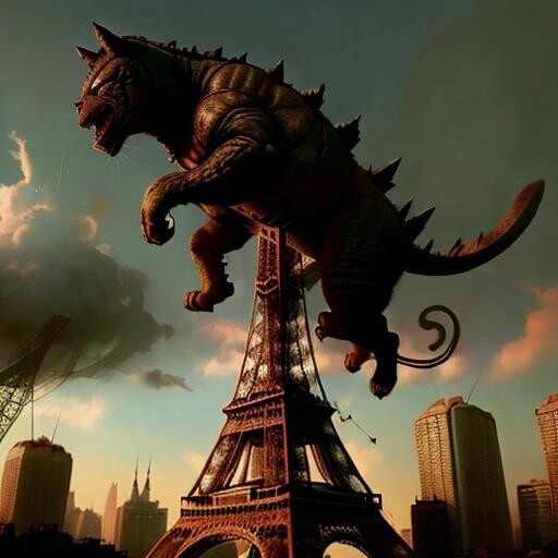 Image with seed 3043759002 generated via Stable Diffusion through @stablehorde@sigmoid.social. Prompt: a godzilla sized gigantic cat climbing on the eiffel tower being very dramatic, BiopunkAI###, worst quality, low quality:1.4), EasyNegative, bad anatomy, bad hands, cropped, missing fingers, missing toes, too many toes, too many fingers, missing arms, long neck, Humpbacked, deformed, disfigured, poorly drawn face, distorted face, mutation, mutated, extra limb, ugly, poorly drawn hands, missing limb, floating limbs, disconnected limbs, malformed hands, out of focus, long body, monochrome, symbol, text, logo, door frame, window frame, mirror frame