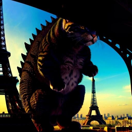 Image with seed 2226949222 generated via Stable Diffusion through @stablehorde@sigmoid.social. Prompt: a godzilla sized gigantic cat climbing on the eiffel tower being very dramatic###, worst quality, low quality:1.4), EasyNegative, bad anatomy, bad hands, cropped, missing fingers, missing toes, too many toes, too many fingers, missing arms, long neck, Humpbacked, deformed, disfigured, poorly drawn face, distorted face, mutation, mutated, extra limb, ugly, poorly drawn hands, missing limb, floating limbs, disconnected limbs, malformed hands, out of focus, long body, monochrome, symbol, text, logo, door frame, window frame, mirror frame