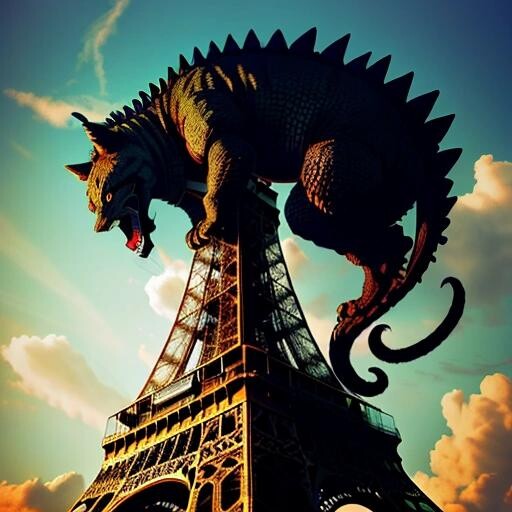 Image with seed 1074456874 generated via Stable Diffusion through @stablehorde@sigmoid.social. Prompt: a godzilla sized gigantic cat climbing on the eiffel tower being very dramatic, BoneyardAI###, worst quality, low quality:1.4), EasyNegative, bad anatomy, bad hands, cropped, missing fingers, missing toes, too many toes, too many fingers, missing arms, long neck, Humpbacked, deformed, disfigured, poorly drawn face, distorted face, mutation, mutated, extra limb, ugly, poorly drawn hands, missing limb, floating limbs, disconnected limbs, malformed hands, out of focus, long body, monochrome, symbol, text, logo, door frame, window frame, mirror frame