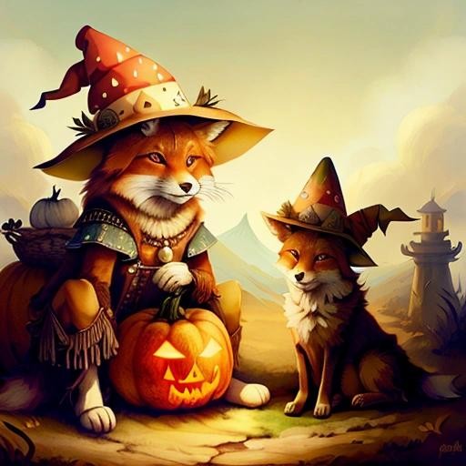 Image with seed 1107524474 generated via Stable Diffusion through @stablehorde@sigmoid.social. Prompt: a fox wearing a witch hat posing with an amanita mushroom and pumpkins, grecopunkai###, worst quality, low quality:1.4), EasyNegative, bad anatomy, bad hands, cropped, missing fingers, missing toes, too many toes, too many fingers, missing arms, long neck, Humpbacked, deformed, disfigured, poorly drawn face, distorted face, mutation, mutated, extra limb, ugly, poorly drawn hands, missing limb, floating limbs, disconnected limbs, malformed hands, out of focus, long body, monochrome, symbol, text, logo, door frame, window frame, mirror frame