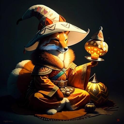 Image with seed 387081491 generated via Stable Diffusion through @stablehorde@sigmoid.social. Prompt: a fox wearing a witch hat posing with an amanita mushroom and pumpkins###, worst quality, low quality:1.4), EasyNegative, bad anatomy, bad hands, cropped, missing fingers, missing toes, too many toes, too many fingers, missing arms, long neck, Humpbacked, deformed, disfigured, poorly drawn face, distorted face, mutation, mutated, extra limb, ugly, poorly drawn hands, missing limb, floating limbs, disconnected limbs, malformed hands, out of focus, long body, monochrome, symbol, text, logo, door frame, window frame, mirror frame