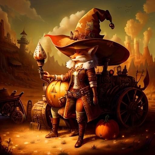 Image with seed 783571577 generated via Stable Diffusion through @stablehorde@sigmoid.social. Prompt: a fox wearing a witch hat posing with an amanita mushroom and pumpkins###, worst quality, low quality:1.4), EasyNegative, bad anatomy, bad hands, cropped, missing fingers, missing toes, too many toes, too many fingers, missing arms, long neck, Humpbacked, deformed, disfigured, poorly drawn face, distorted face, mutation, mutated, extra limb, ugly, poorly drawn hands, missing limb, floating limbs, disconnected limbs, malformed hands, out of focus, long body, monochrome, symbol, text, logo, door frame, window frame, mirror frame