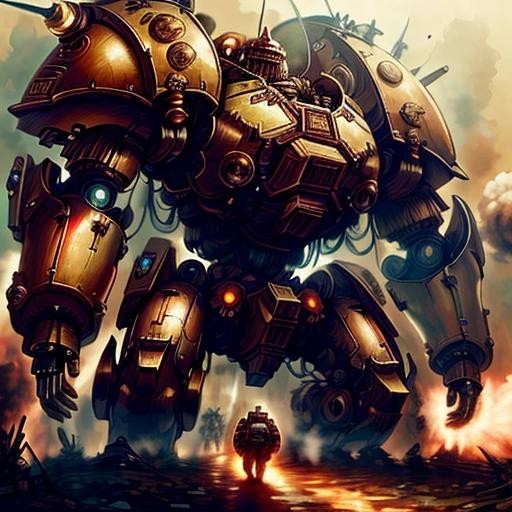 Image with seed 2174415025 generated via Stable Diffusion through @stablehorde@sigmoid.social. Prompt: a Battletech from Mechwarrior fighting a Titan from Attack on Titan in the style of an anime, bronzepunkai###, worst quality, low quality:1.4), EasyNegative, bad anatomy, bad hands, cropped, missing fingers, missing toes, too many toes, too many fingers, missing arms, long neck, Humpbacked, deformed, disfigured, poorly drawn face, distorted face, mutation, mutated, extra limb, ugly, poorly drawn hands, missing limb, floating limbs, disconnected limbs, malformed hands, out of focus, long body, monochrome, symbol, text, logo, door frame, window frame, mirror frame