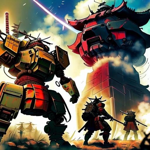 Image with seed 1551792270 generated via Stable Diffusion through @stablehorde@sigmoid.social. Prompt: a Battletech from Mechwarrior fighting a Titan from Attack on Titan in the style of an anime, SamuraiPunkAI###, worst quality, low quality:1.4), EasyNegative, bad anatomy, bad hands, cropped, missing fingers, missing toes, too many toes, too many fingers, missing arms, long neck, Humpbacked, deformed, disfigured, poorly drawn face, distorted face, mutation, mutated, extra limb, ugly, poorly drawn hands, missing limb, floating limbs, disconnected limbs, malformed hands, out of focus, long body, monochrome, symbol, text, logo, door frame, window frame, mirror frame