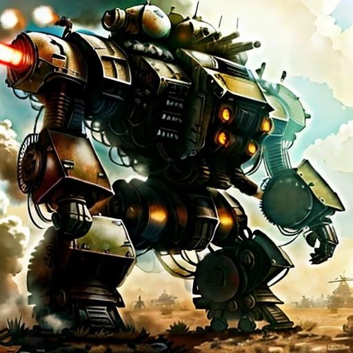 Image with seed 1300333082 generated via Stable Diffusion through @stablehorde@sigmoid.social. Prompt: a Battletech from Mechwarrior fighting a Titan from Attack on Titan in the style of an anime, SteampunkAI###, worst quality, low quality:1.4), EasyNegative, bad anatomy, bad hands, cropped, missing fingers, missing toes, too many toes, too many fingers, missing arms, long neck, Humpbacked, deformed, disfigured, poorly drawn face, distorted face, mutation, mutated, extra limb, ugly, poorly drawn hands, missing limb, floating limbs, disconnected limbs, malformed hands, out of focus, long body, monochrome, symbol, text, logo, door frame, window frame, mirror frame