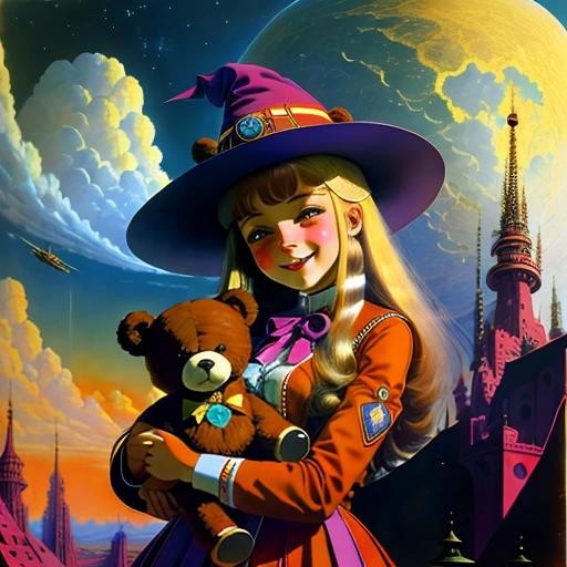 Image with seed 3988969376 generated via Stable Diffusion through @stablehorde@sigmoid.social. Prompt: a happy young witch and her magical teddybear, 1970retrofuturism###, worst quality, low quality:1.4), EasyNegative, bad anatomy, bad hands, cropped, missing fingers, missing toes, too many toes, too many fingers, missing arms, long neck, Humpbacked, deformed, disfigured, poorly drawn face, distorted face, mutation, mutated, extra limb, ugly, poorly drawn hands, missing limb, floating limbs, disconnected limbs, malformed hands, out of focus, long body, monochrome, symbol, text, logo, door frame, window frame, mirror frame