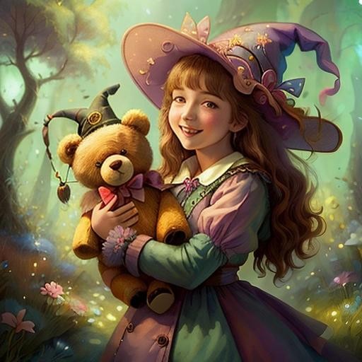 Image with seed 4162805417 generated via Stable Diffusion through @stablehorde@sigmoid.social. Prompt: a happy young witch and her magical teddybear, fairytaleai###, worst quality, low quality:1.4), EasyNegative, bad anatomy, bad hands, cropped, missing fingers, missing toes, too many toes, too many fingers, missing arms, long neck, Humpbacked, deformed, disfigured, poorly drawn face, distorted face, mutation, mutated, extra limb, ugly, poorly drawn hands, missing limb, floating limbs, disconnected limbs, malformed hands, out of focus, long body, monochrome, symbol, text, logo, door frame, window frame, mirror frame