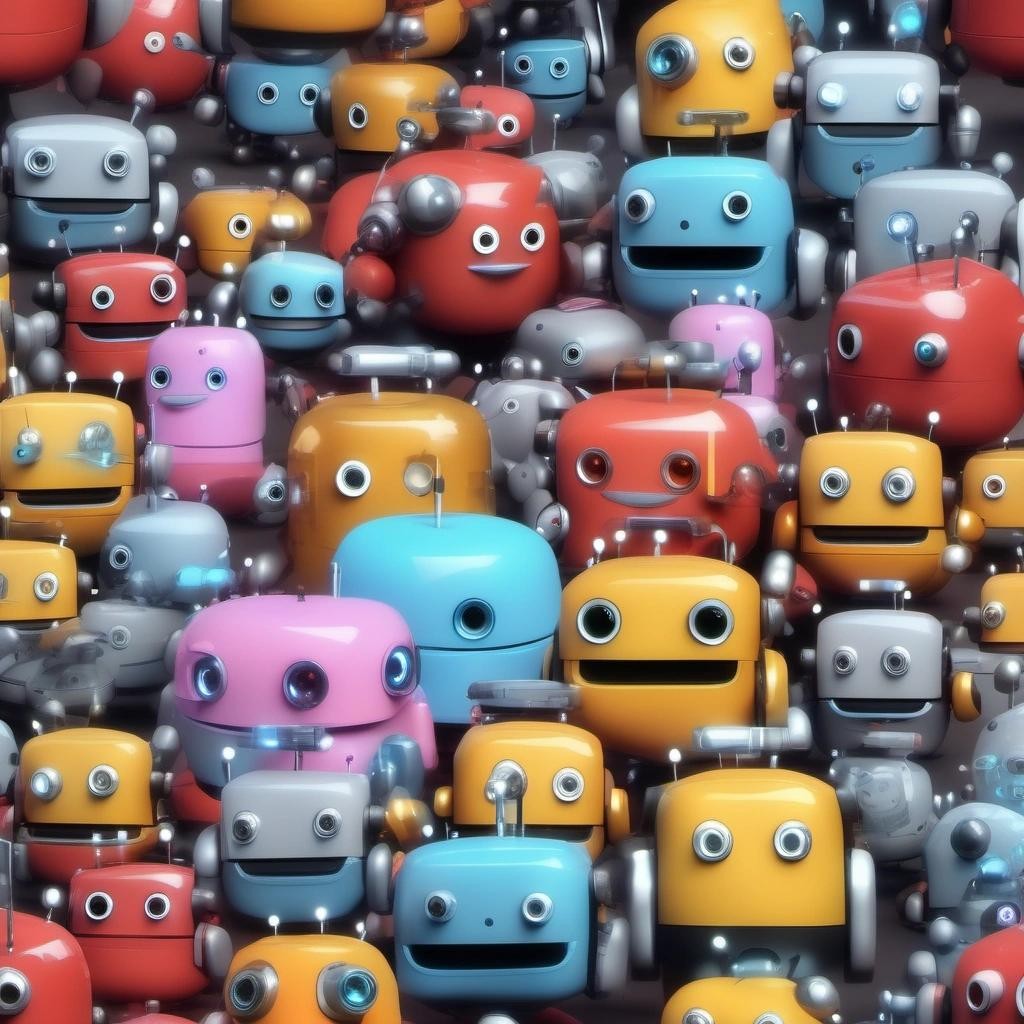 Image with seed 1666747112 generated via Stable Diffusion through @stablehorde@sigmoid.social. Prompt: a horde of cute AI robots