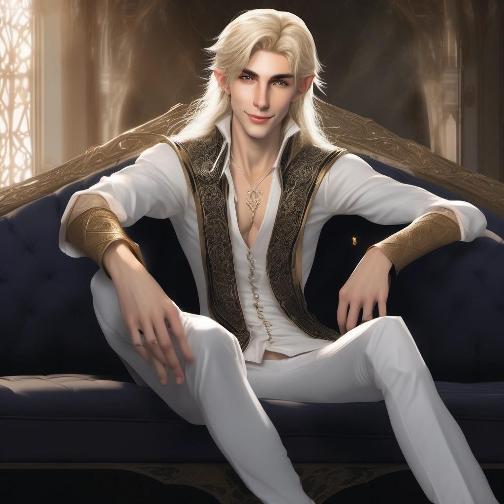 Image with seed 2307682426 generated via Stable Diffusion through @stablehorde@sigmoid.social. Prompt: A very handsome young Elven prince sitting in an inciting pose on a luxurious sofa, lascivious smile, long pointy Elf ears, long blond hair, skinny, pretty boy, twink