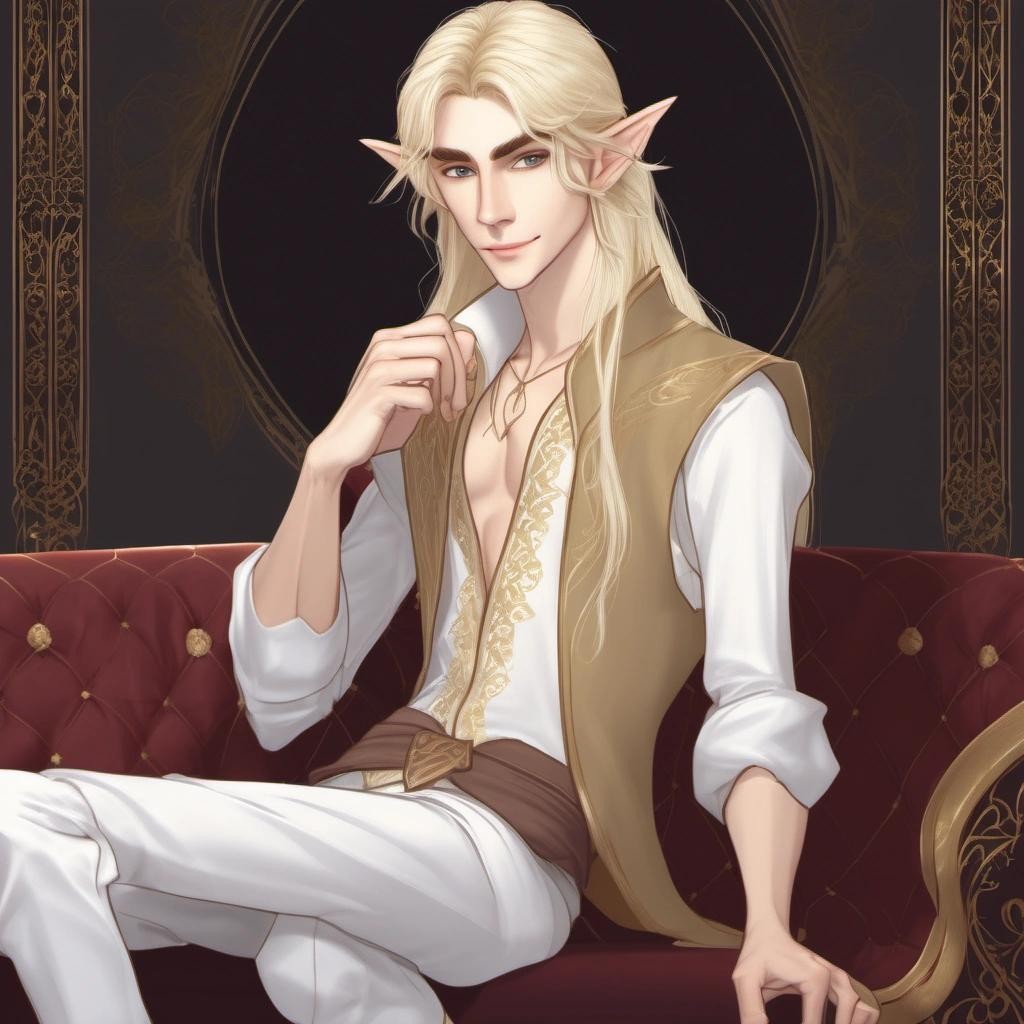 Image with seed 1736470715 generated via Stable Diffusion through @stablehorde@sigmoid.social. Prompt: A very handsome young Elven prince sitting in an inciting pose on a luxurious sofa, lascivious smile, long pointy Elf ears, long blond hair, skinny, pretty boy, twink