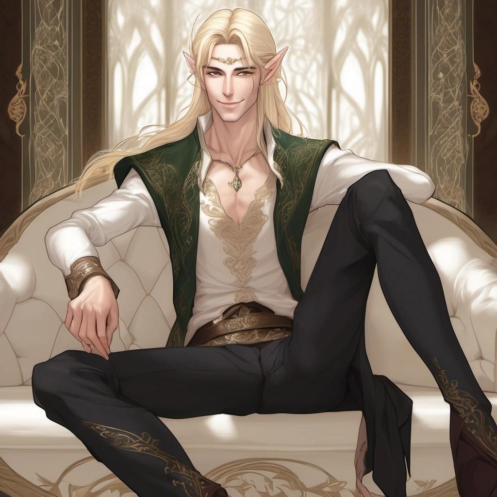 Image with seed 943840793 generated via Stable Diffusion through @stablehorde@sigmoid.social. Prompt: A very handsome young Elven prince sitting in an inciting pose on a luxurious sofa, lascivious smile, long pointy Elf ears, long blond hair, skinny, pretty boy, twink