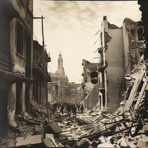 People wandering through the ruins of an old European town