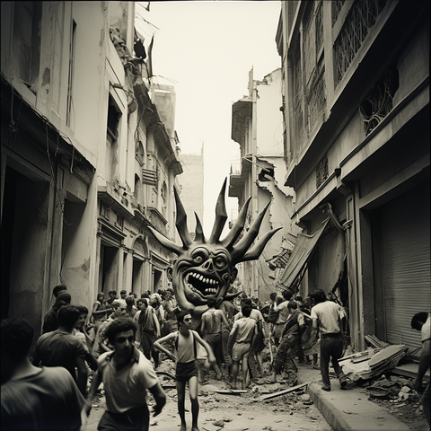 A crowd of men in a narrow street showing signs of bomb damage. They are gathering around a large, grotesque sun-like face 