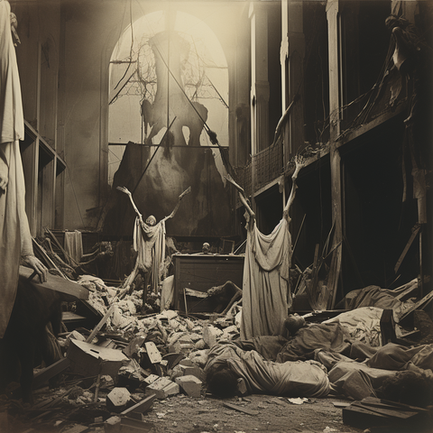 Skeletal creatures in a ruined church hold their hands beseechingly to the heavens