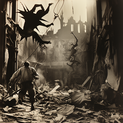 A man runs through a ruined building as vaguely humanoid shapes crawl above him