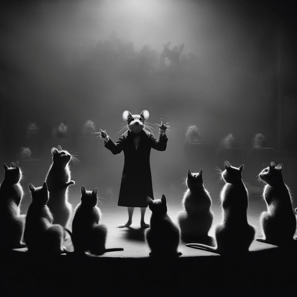 Image with seed 3439239432 generated via Stable Diffusion through @stablehorde@sigmoid.social. Prompt: a rat performing stand-up comedy to an audience of cats, black and white, foggy, negative, eerie