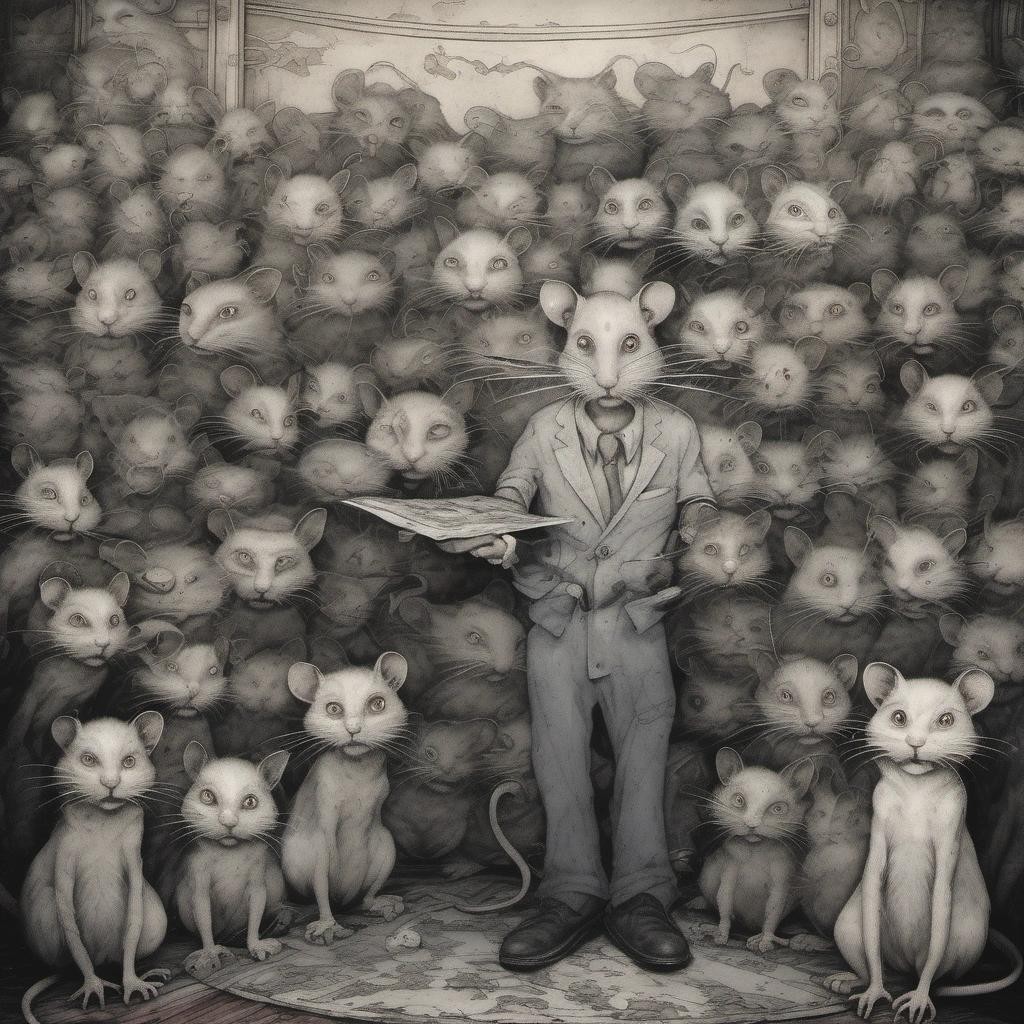 Image with seed 2296450374 generated via Stable Diffusion through @stablehorde@sigmoid.social. Prompt: a rat performing stand-up comedy to an audience of cats by Aaron Horkey, by Adonna Khare, by Carrie Ann Baade, by Jeff Lemire, by Junji Ito, horror, creepy, dark, eldritch, fantasy