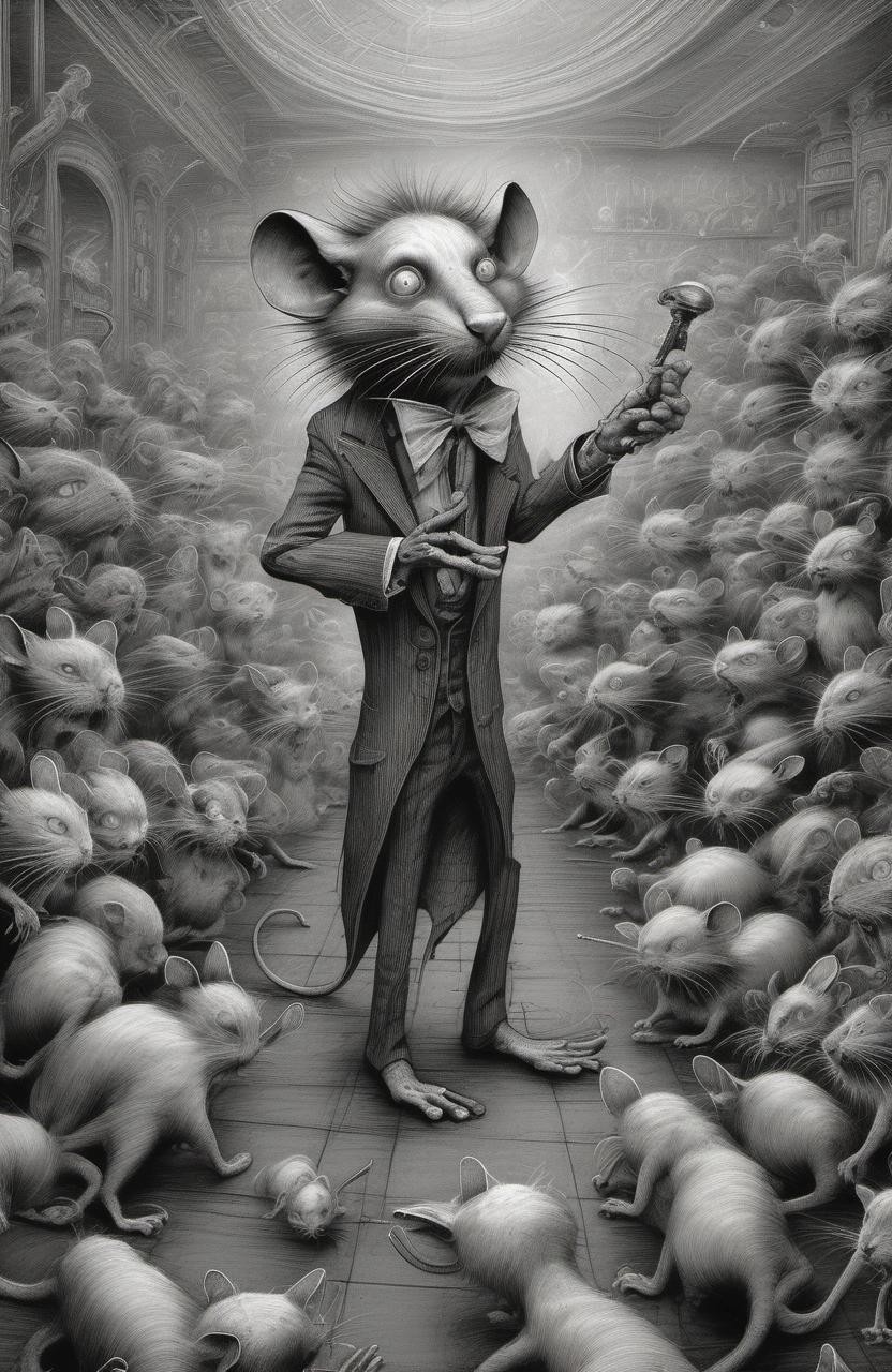 Image with seed 671995976 generated via Stable Diffusion through @stablehorde@sigmoid.social. Prompt: drawing of a rat performing stand-up comedy to an audience of cats by tim burton, by Aaron Horkey, by H R Giger, creepy, horror, sharp, focused, HD, detailed