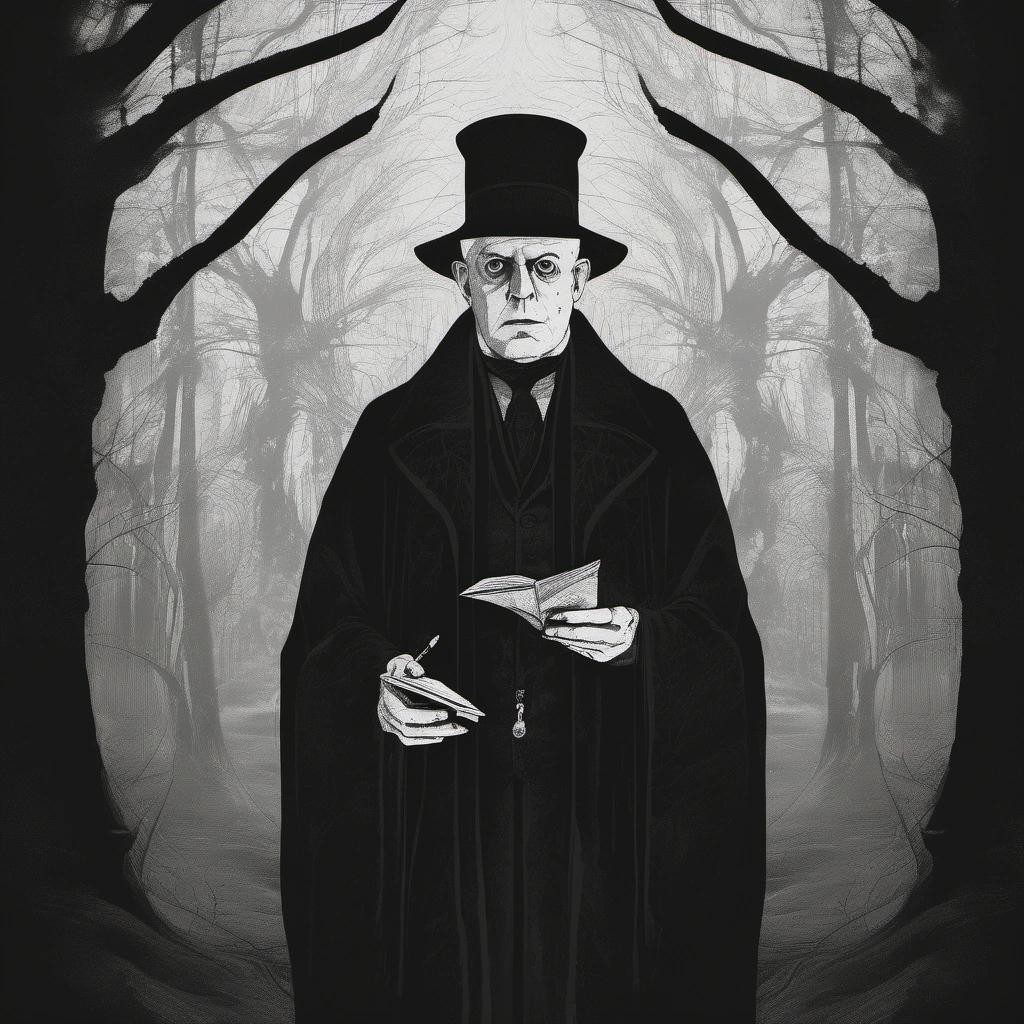 Image with seed 904016996 generated via Stable Diffusion through @stablehorde@sigmoid.social. Prompt: horror Aleister Crowley as a recruitment poster in the style of a line drawing. in a dark forest, darkness, fog, very detailed, cold, Editorial illustration, gothic, evil, art by Sam Bosma, painting by H.P. Lovecraft