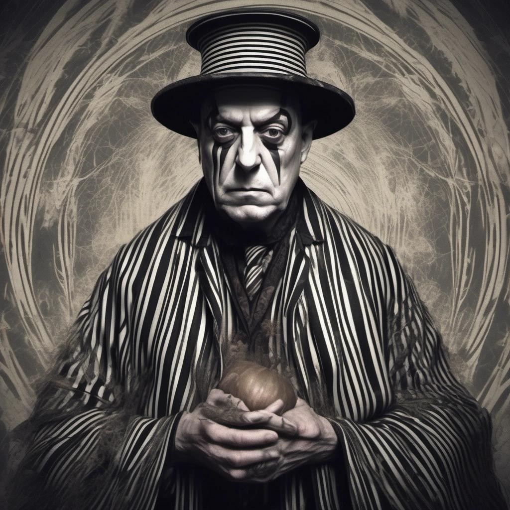 Image with seed 1835208545 generated via Stable Diffusion through @stablehorde@sigmoid.social. Prompt: digital art of Aleister Crowley wearing stripes in the style of a woodcut print., witch world, Halloween theme, scenic Halloween, highly detailed, zbrush, by artist Artgerm, by artist Stephen Hickman, by artist Carne griffiths