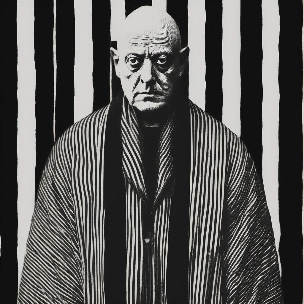 Image with seed 258037293 generated via Stable Diffusion through @stablehorde@sigmoid.social. Prompt: Aleister Crowley wearing stripes in the style of a woodcut print., black and white, foggy, negative, eerie