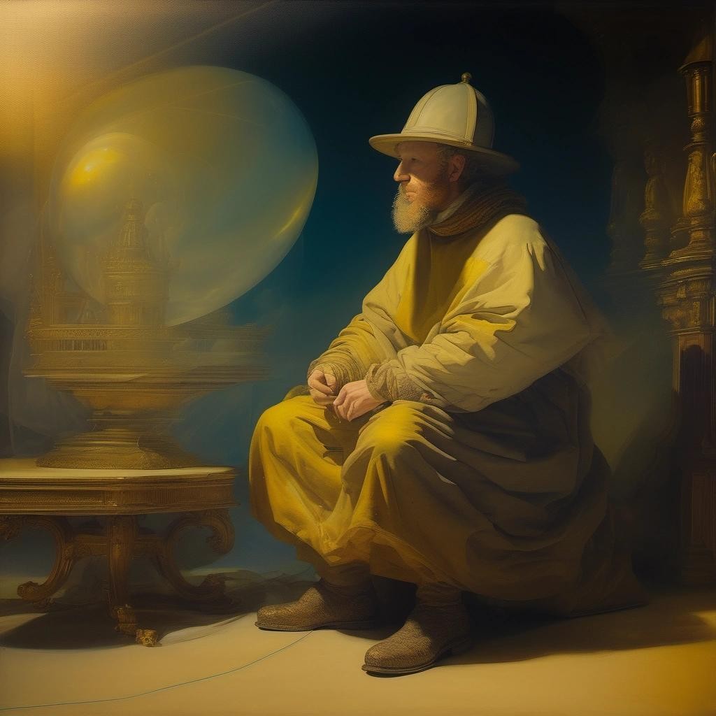 Image with seed 375474872 generated via Stable Diffusion through @stablehorde@sigmoid.social. Prompt: Double exposure of a painting by Rembrandt and Moebius, oil painting, renaissance, 