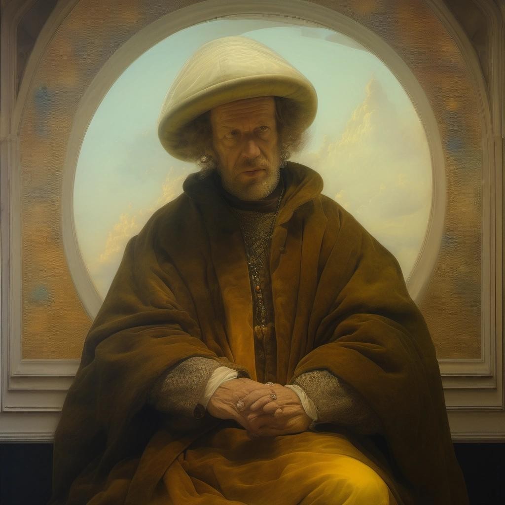 Image with seed 148354986 generated via Stable Diffusion through @stablehorde@sigmoid.social. Prompt: Double exposure of a painting by Rembrandt and Moebius, oil painting, renaissance, 