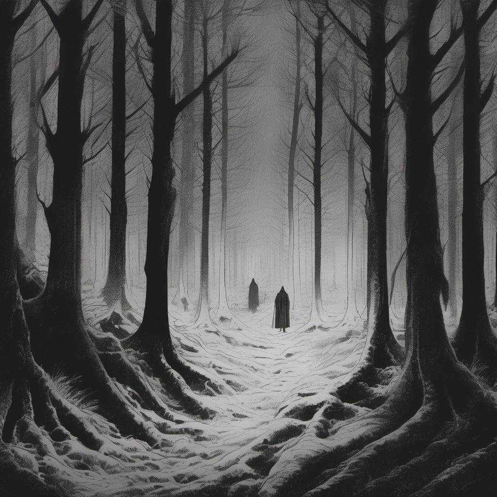 Image with seed 1513873583 generated via Stable Diffusion through @stablehorde@sigmoid.social. Prompt: horror yourself drawing yourself in a dark forest, darkness, fog, very detailed, cold, Editorial illustration, gothic, evil, art by Sam Bosma, painting by H.P. Lovecraft